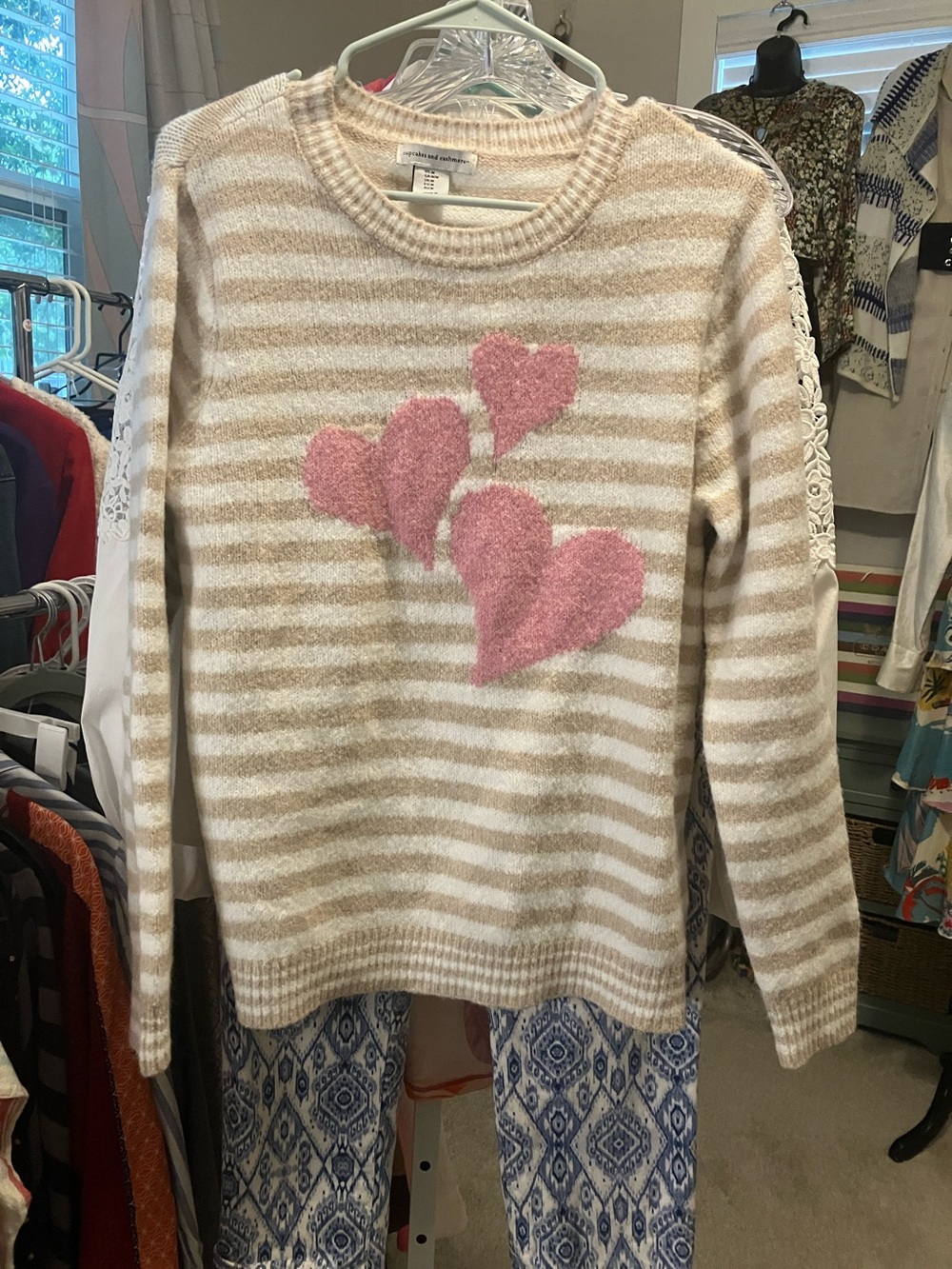 Soft Striped Heart Sweater - Pink Hearts on Cream